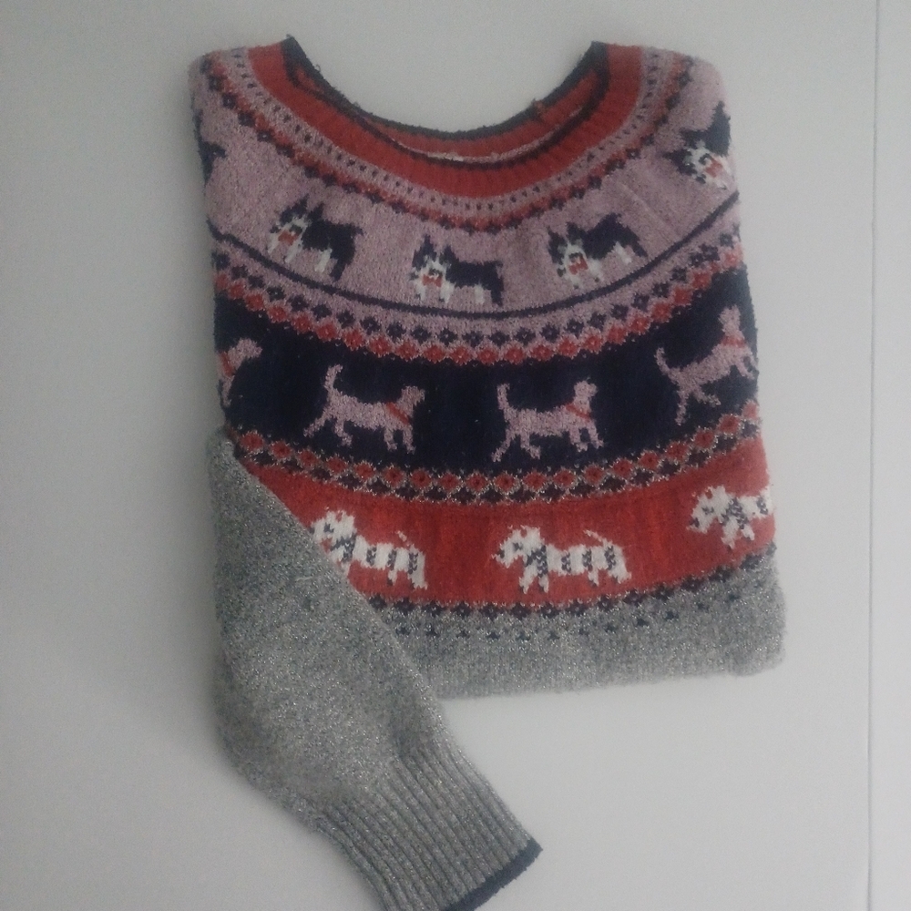 Holiday Time Faire Isle Yoke Dog Print Sweater Sz L